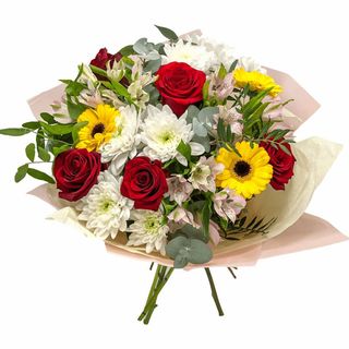 Buchet de flori cu trandafiri, gerbera si alstroemeria