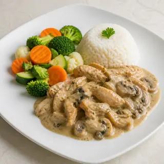 Émincé de poulet aux champignons, riz et légumes