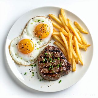 Huevos Camperos Larraz con Patatas y Filete de Ternera de Zurgi