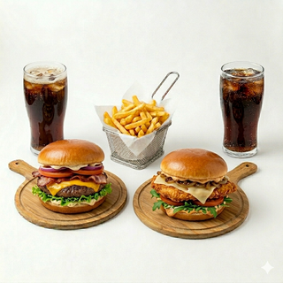 Menú 2 hamburguesas + patatas + 2 bebidas (330 ml.)