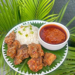 Rice, buka stew, plantain, eggs, assorted