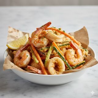 Fritto di calamari, gamberi e le sue verdure