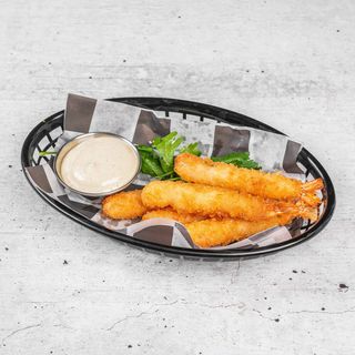 Krewetki w tempurze (5 sztuk) z frytkami z batatów i sałatką