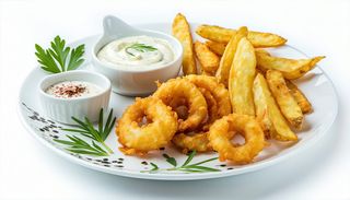 Inele calamari pane cu sos aioli si cartofi dippers