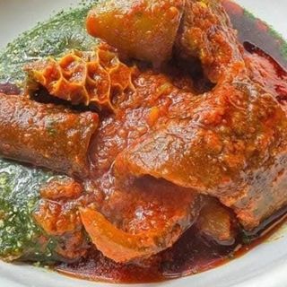 Pomo, shaki mixed with ewedu in egusi sprinkles
