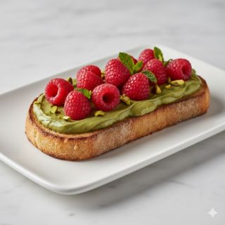 Tosta con crema de pistacho y frambuesas