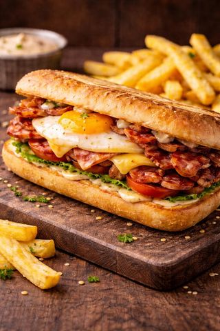 Сандвич с бекон чедър яйце айсберг домати сос картофи