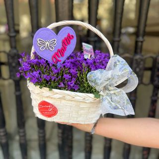 Cesta de Mimbre con Campánula Lila + Pin "Mamá"
