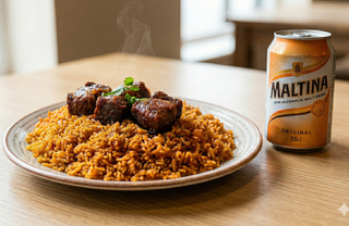 3 Spoons of Jollof rice + 3 Beef + A Can of Malt