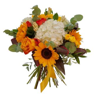 Buchet cu Floarea Soarelui, hortensii, trandafiri si tuberoze