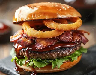 Burger Las Vegas servit cartofi prăjiți și sos de maioneza hey