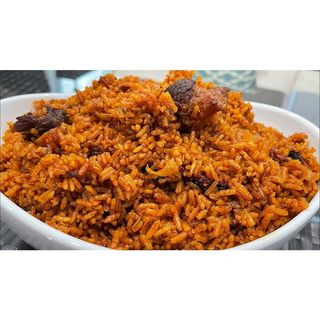 3 Spoons of Jollof rice + 3 Beef