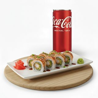 Uramaki tempura gambero fritto avocado cipolla + Lattina Coca-Cola