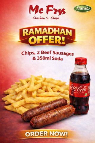 2 Sausages + Chips + 350ml Soda