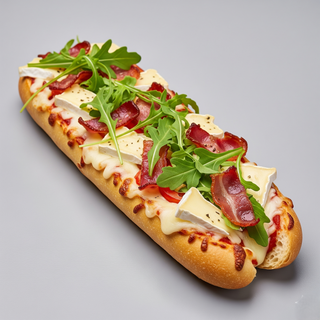 Baguette con mozzarella, pancetta affumicata, brie, rucola e salsa di pomodoro a parte