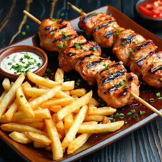 Pileći ražnjići 250gr sa pomfritom