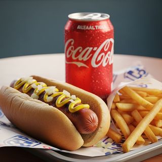 Hot dog, patatine, bibita in lattina