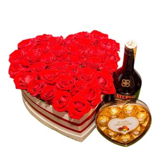 Heart roses , Baileys and chocolates