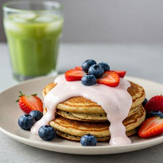 combo: 2 pancakes proteici yogurt bianco, fragola e mirtilli + bevanda