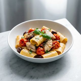 Paccheri spigola pomodorini ed olive taggiasche