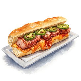 Pepito De Lomo Con Queso Y Pimientos Verdes Fritos