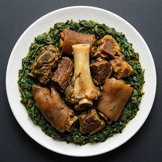Vegetable Soup Mixed With Afang, Fufu/Eba And Beef