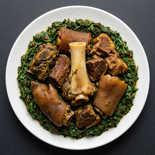 Vegetable Soup Mixed With Afang, Fufu/Eba And Beef