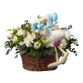 Cesta de flores alusiva a nascimento com Cegonha - Menino