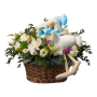 Cesta de flores alusiva a nascimento com Cegonha - Menino