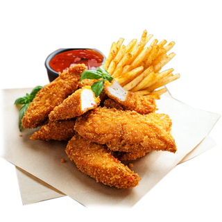 Chicken strips z frytkami i slodkim sosem chilli 4szt