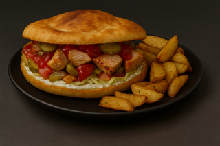 Bagheta cu muschi de porc la grill+ cartofi wedges 650g + bautura la alegere