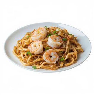 Tallarines (planos) con gambas fritas