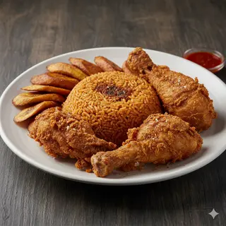Smokey Jollof Rice, Plantain And 2 Chicken