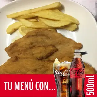 Escalope con patatas fritas y Coca-Cola cero