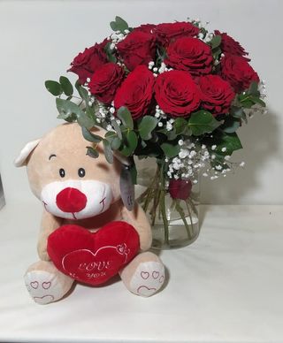 bouquet 12 rose rosse con peluche M