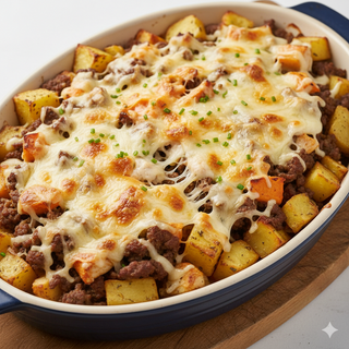 Patatas Con Carne Mixta Y 4 Quesos Al Horno