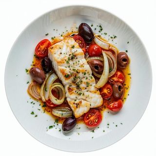 Baccalà con cipolle, pomodoro e olive