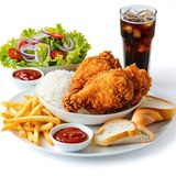 Menú Pollo Broaster Entero Arroz,Patatas,Ensalada,Pan,Salsa,Bebida