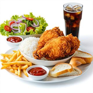 Menú Pollo Broaster Entero Arroz,Patatas,Ensalada,Pan,Salsa,Bebida