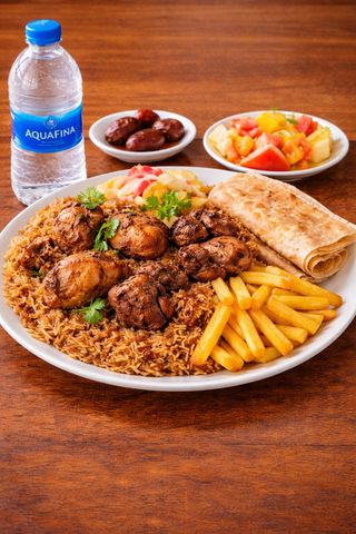 Chicken pilao + chips + dates+  Chapati + water + 2 pieces gulab jamin