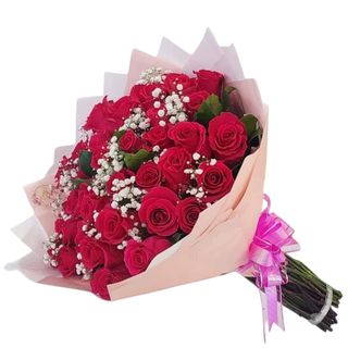 Red Fresh Roses + Baby Breath