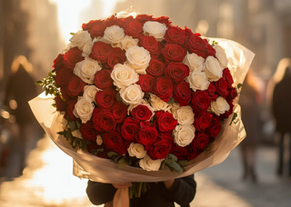 Buchet 101 trandafiri roșii și albi