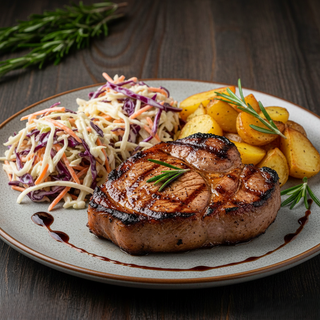 Ceafă de porc iberic la grătar cu salată coleslaw și cartofi