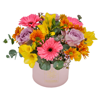 Cutie cu gerbera trandafiri si frezii