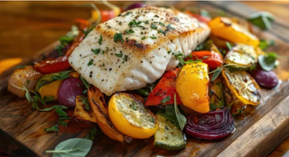 Plato de lubina a la plancha con verduras