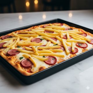 Wurstel, patatine fritte e mozzarella in teglia