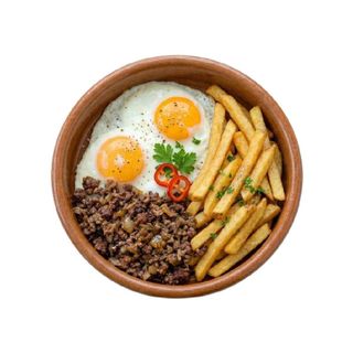 Plato Combinado De Picadillo De Morcilla Con Huevo Y Patatas