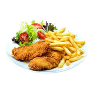 Solomillo De Pollo Crujiente, Papas Y Ensalada