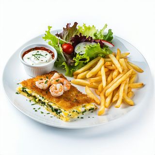 Merluza A La Romana Con Tortilla De Gambas