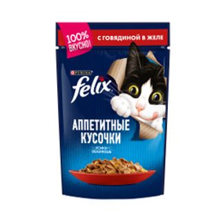 Влажный корм Felix Аппетитные кусочки для взрослых кошек, с говядиной в желе, Пауч, 85 г  7613033574764